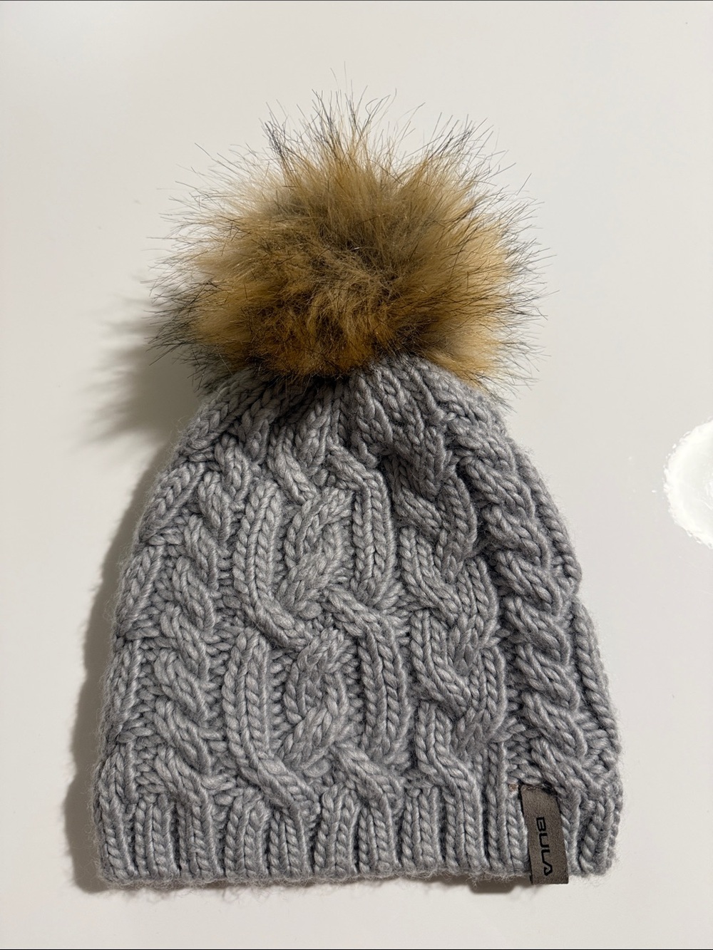 Bula Gray Knit Faux Fur Pom Lined Beanie Wool Blend Hat